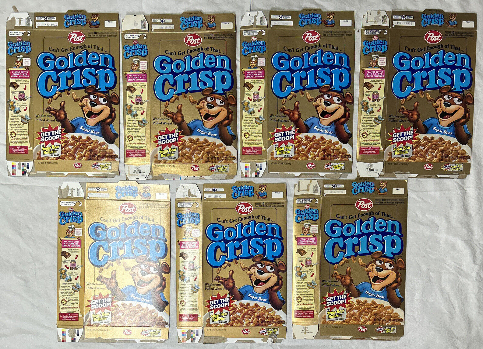 1990\'s-2000\'s Empty Golden Crisp 18OZ Cereal Boxes Lot of 7 SKU U199/242