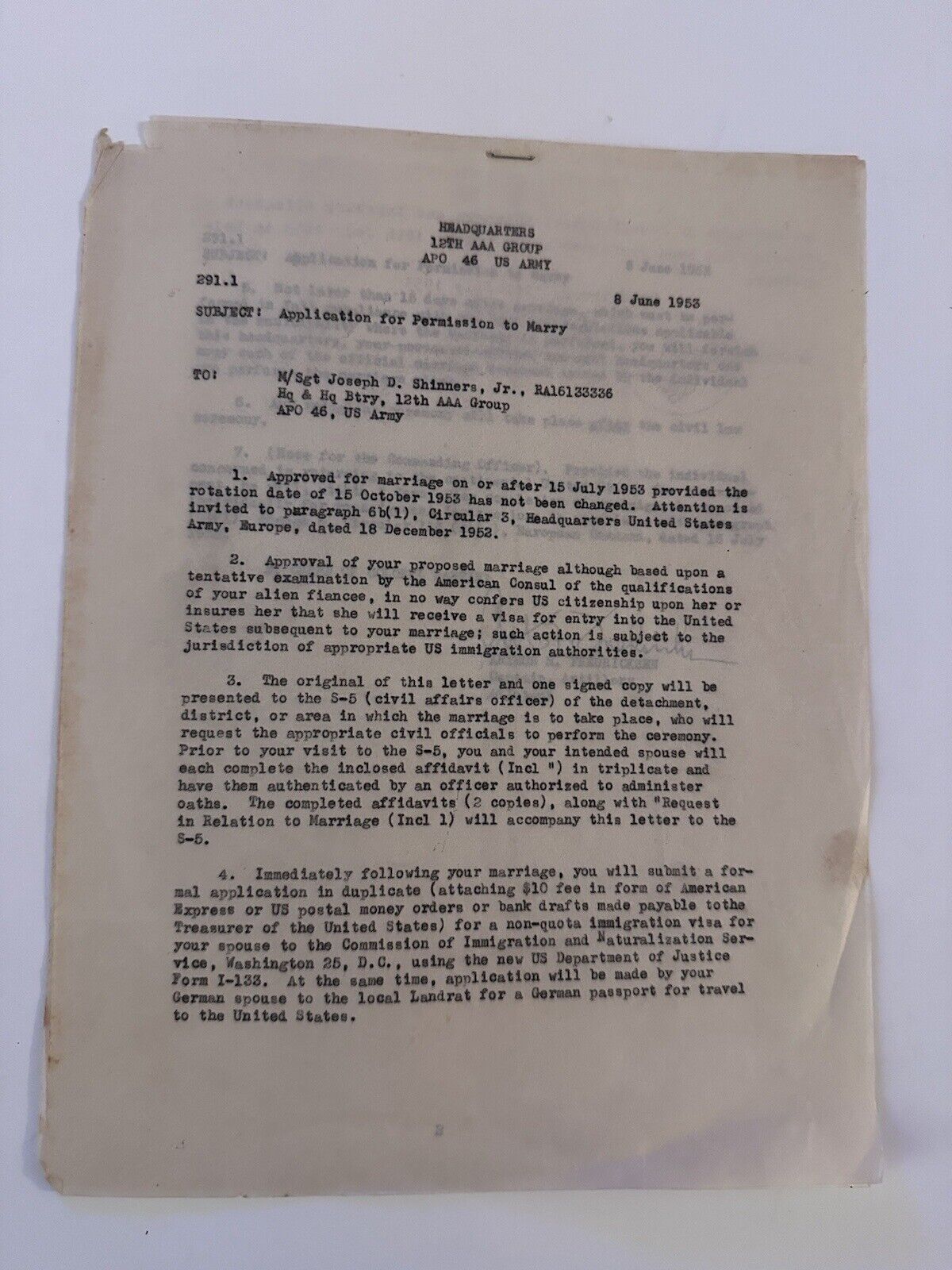1955 June Army Application for Permission to Marry USA Military Ephemera Docs