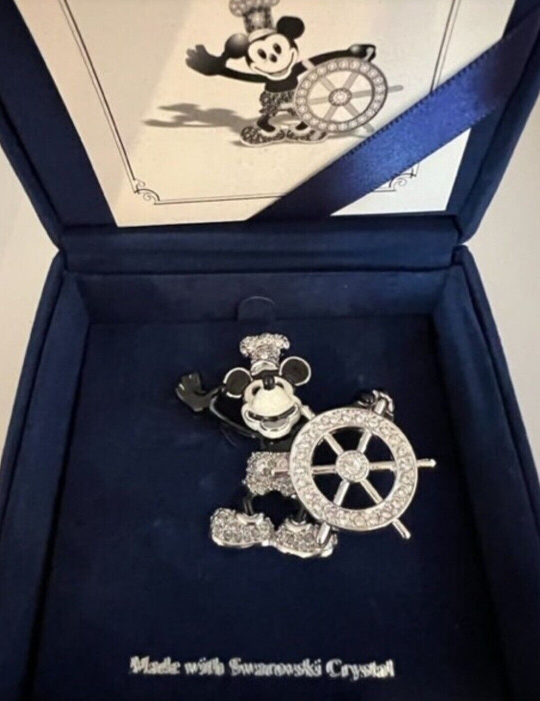 Rare Mickey Mouse Steamboat Willie Brooch, Swarovski Crystals & Enamel