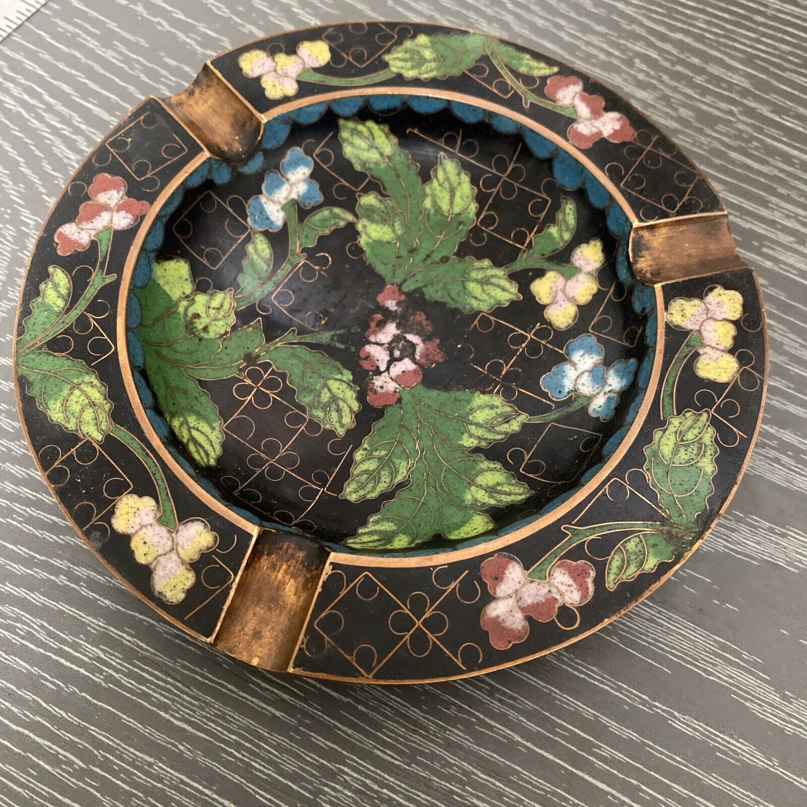 Vintage Chinese Cloisonné  brass enamel Floral Ashtray
