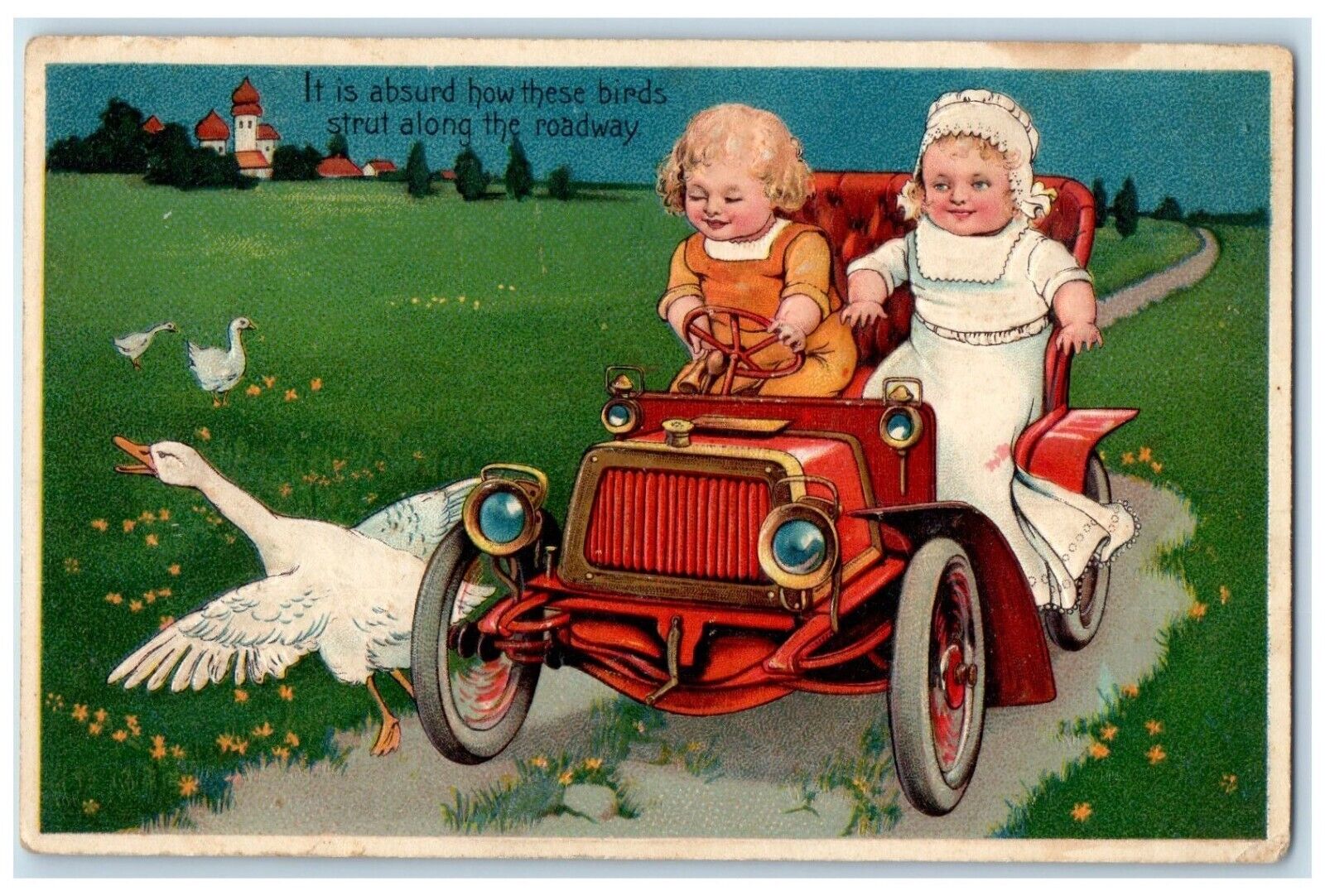 c1910\'s Little Girls Car Goose Flowers Embossed Posted Antique Postcard