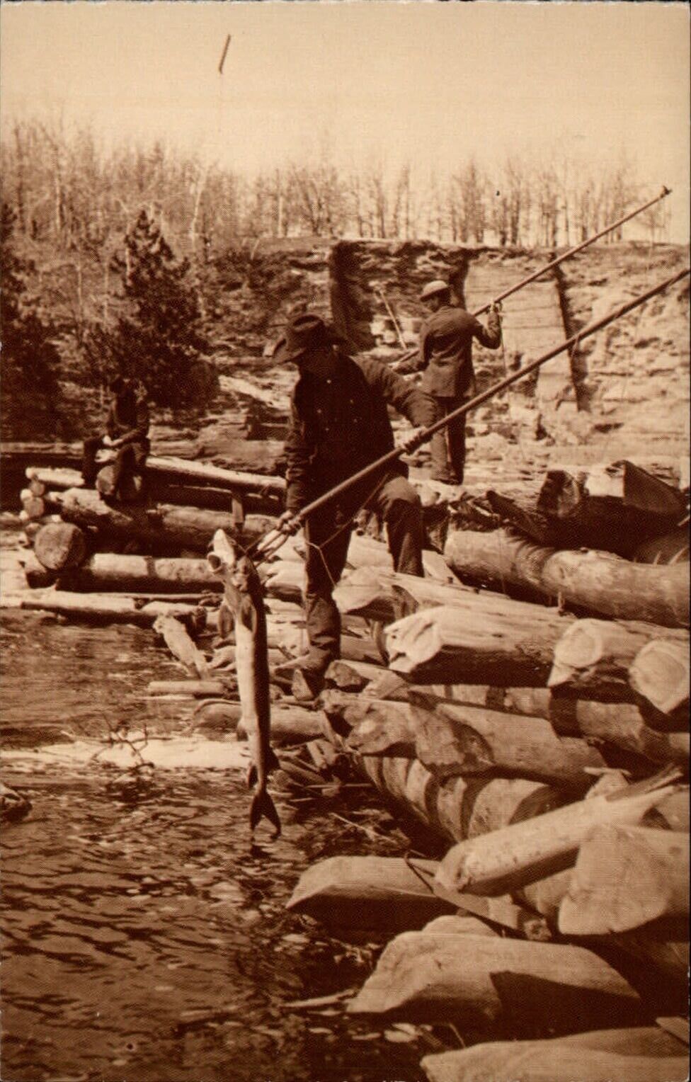 Lower Dells Wisconsin Spearing Sturgeon 1880s photo by HH Bennett art postcard