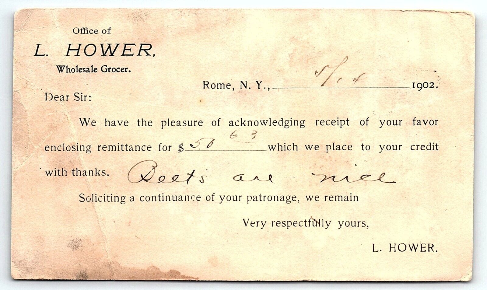 1902 ROME NEW YORK L HOWER WHOLESALE GROCER MONTHLY REMITTANCE POSTCARD P716
