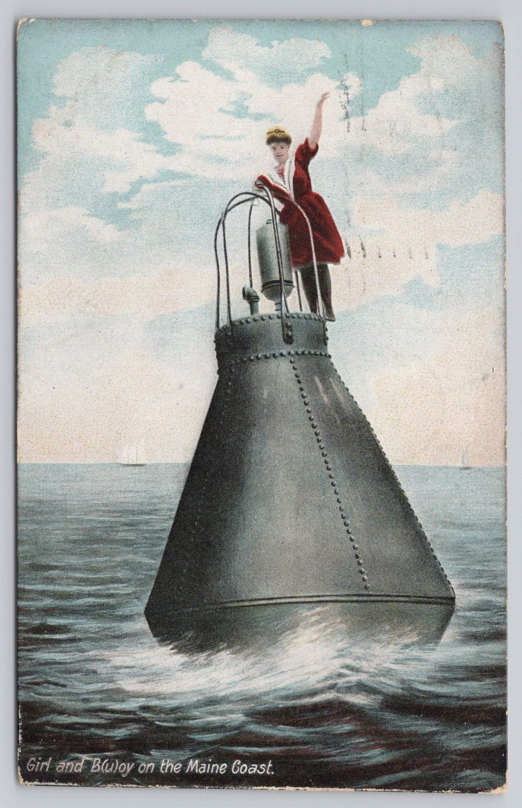 Girl And Whistling Buoy On The Maine Coast Antique Undivided Back Postcard c1908