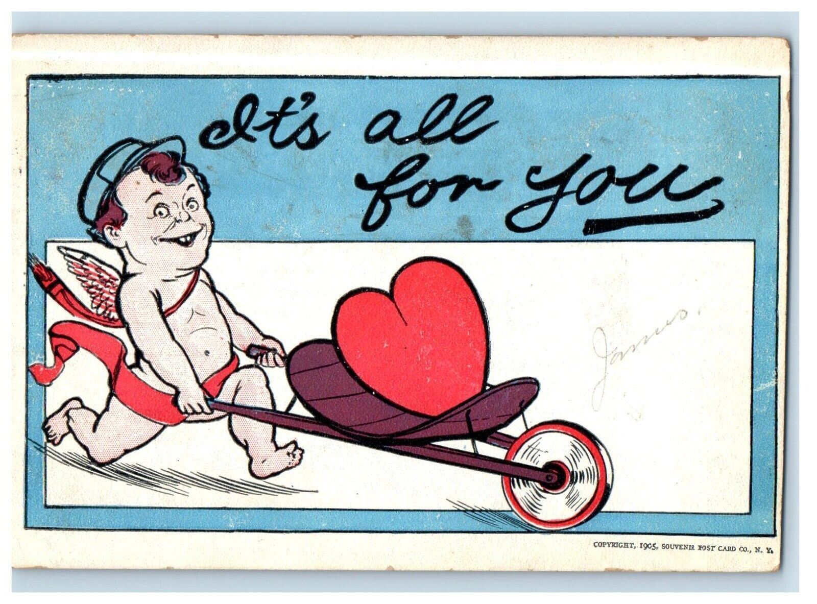 1905 Valentine Old Cherub Angel Pulling Cart With Heart Posted Antique Postcard