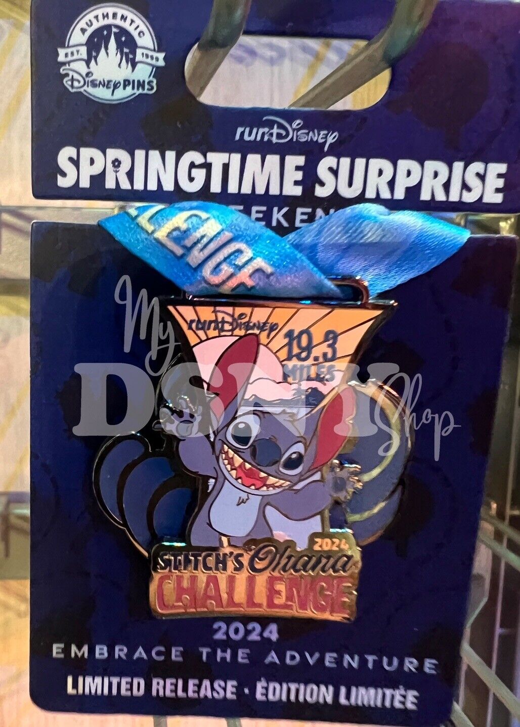 2024 Walt Disney World RunDisney Springtime Surprise Stitch Challenge Medal Pin.