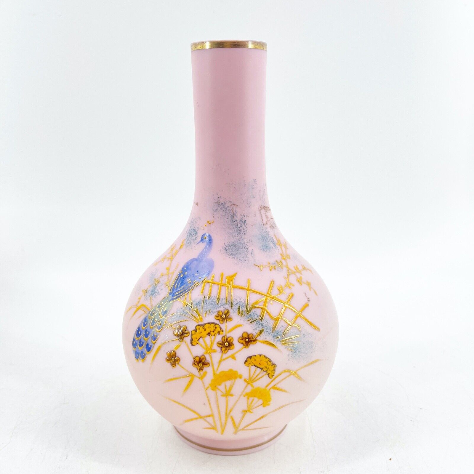 Antique Gundersen Peachblock Pink Art Deco Glass Vase Hand Painted Peacock Bird