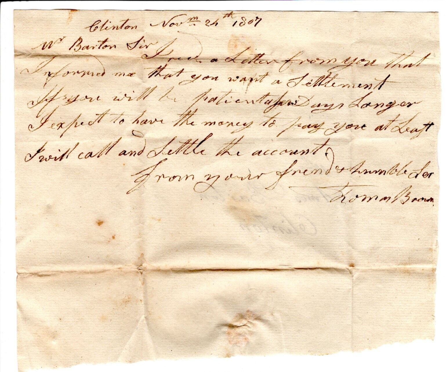 T20-79973 Nov 24 1807 Letter Settlement to Amos Barton of Clinton Mass (Maine)