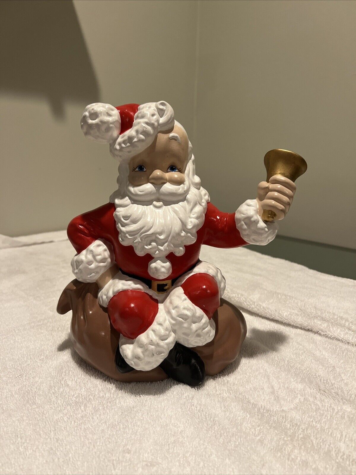 Vintage 10” H Santa Ceramic w/ Bell Sitting on His Toy Bag Hand Painted