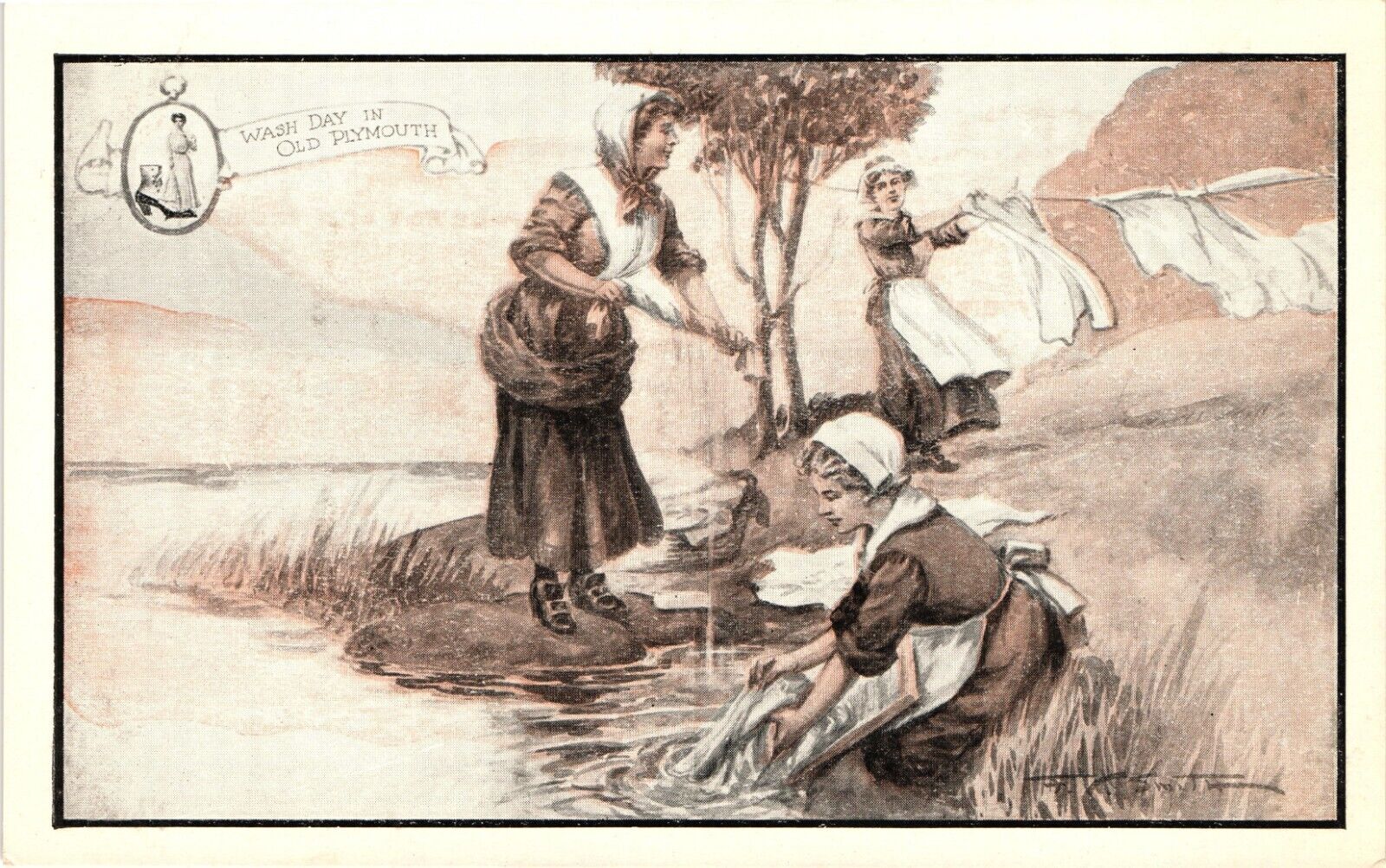 WASHING DAY IN OLD PLYMOUTH Pilgrims Walk Over Shoes Advertising Postcard