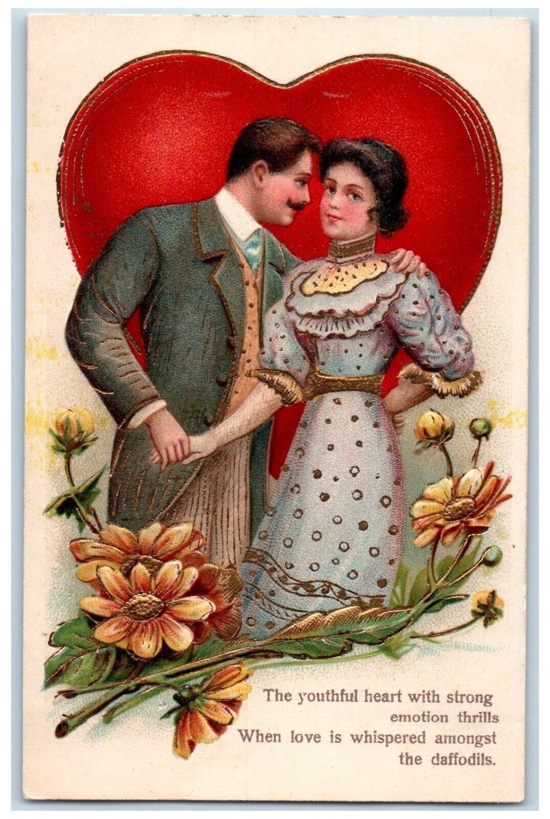 Valentine Postcard Giant Heart Couple Romance With Flowers Embossed 1907 Antique