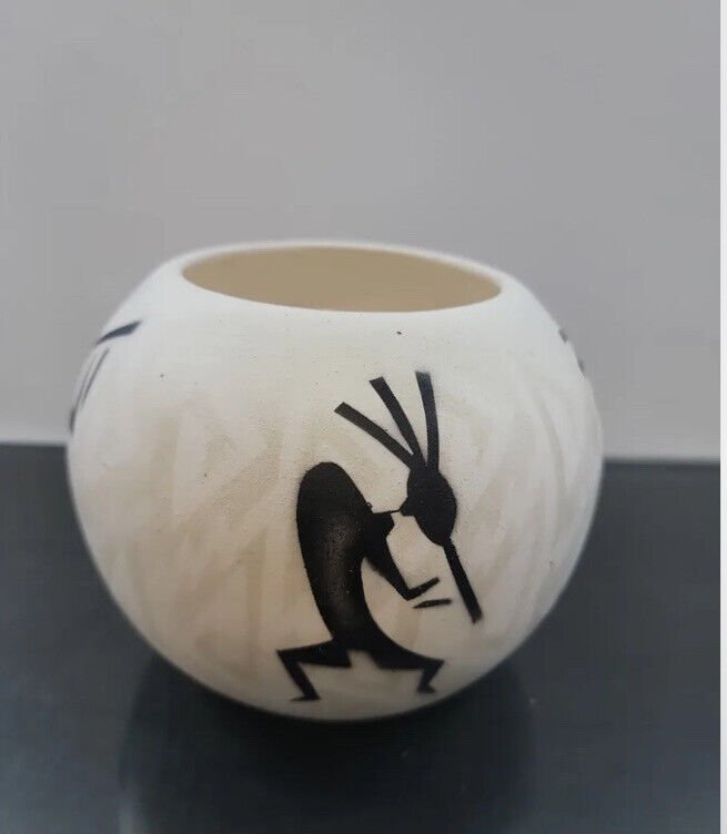 Native American Kokopelli Pottery Pot Vase Black & White Signed By Artist