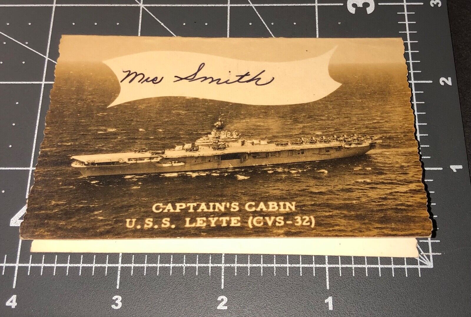 Unusual U.S.S. LEYTE CVS-32 Captains Cabin Vintage PHOTO Room Navy Name Card