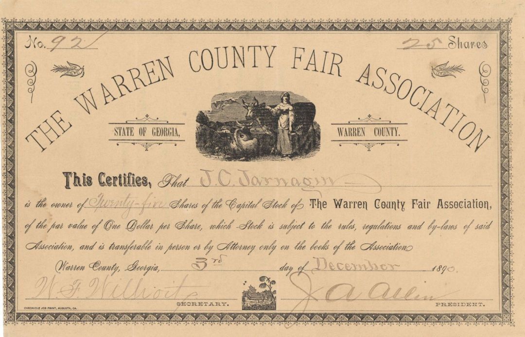 Warren County Fair Association - 1890 dated Stock Certificate - Entertainment St
