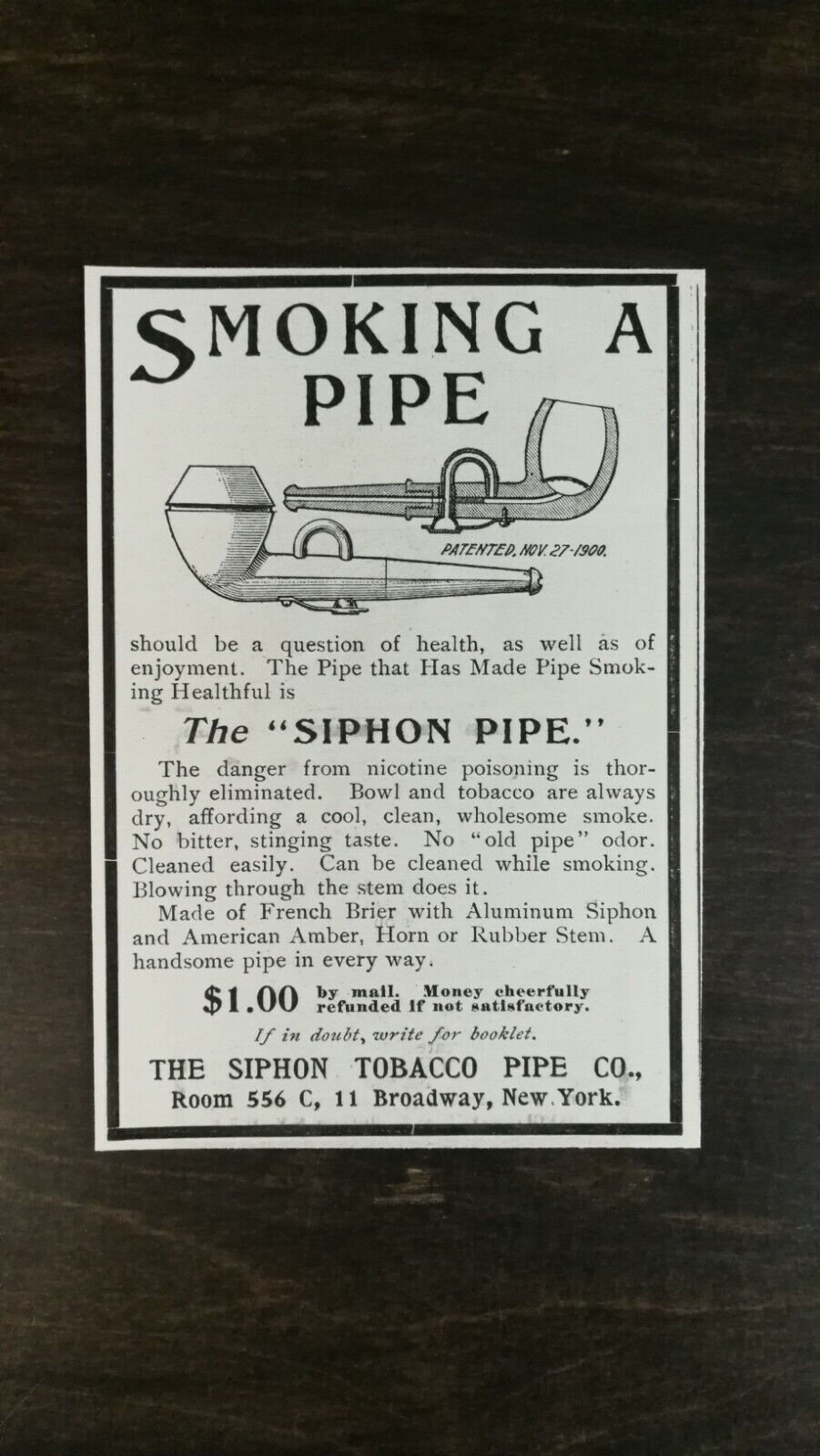 Vintage 1901 Siphon Tobacco Pipe Company Original Ad  721