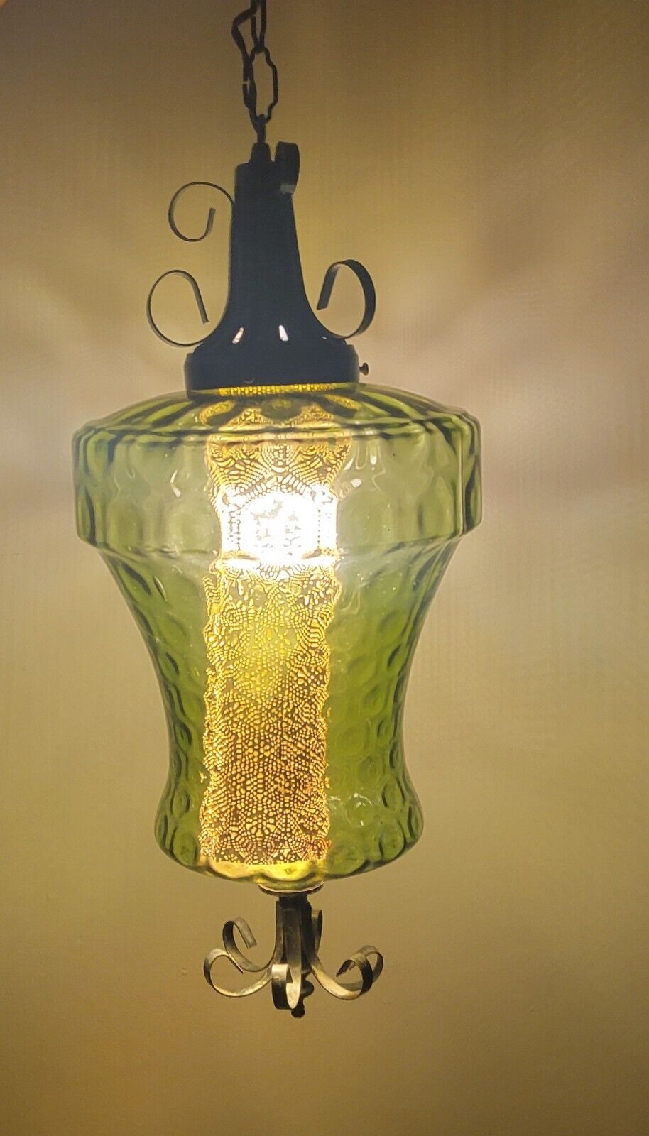 Vtg/Antique 1960's-70's MCM Retro Green Swirl Glass Hanging Swag Light/Lamp