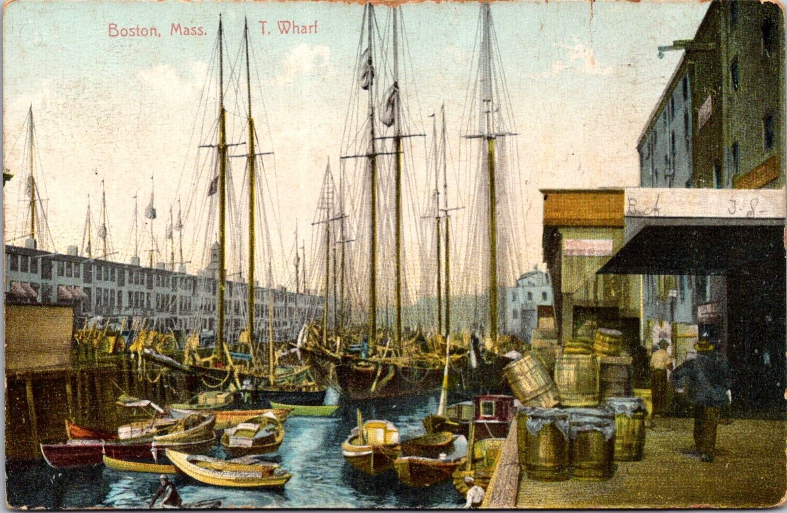 Postcard T-Wharf Long Wharf Boston MA Massachusetts Waterfront Workers