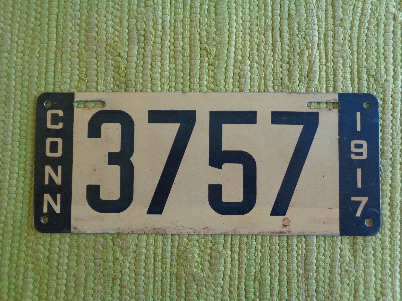 1917 Connecticut License Plate CT Tag 17 Conn Low Number 4 Digit 3757