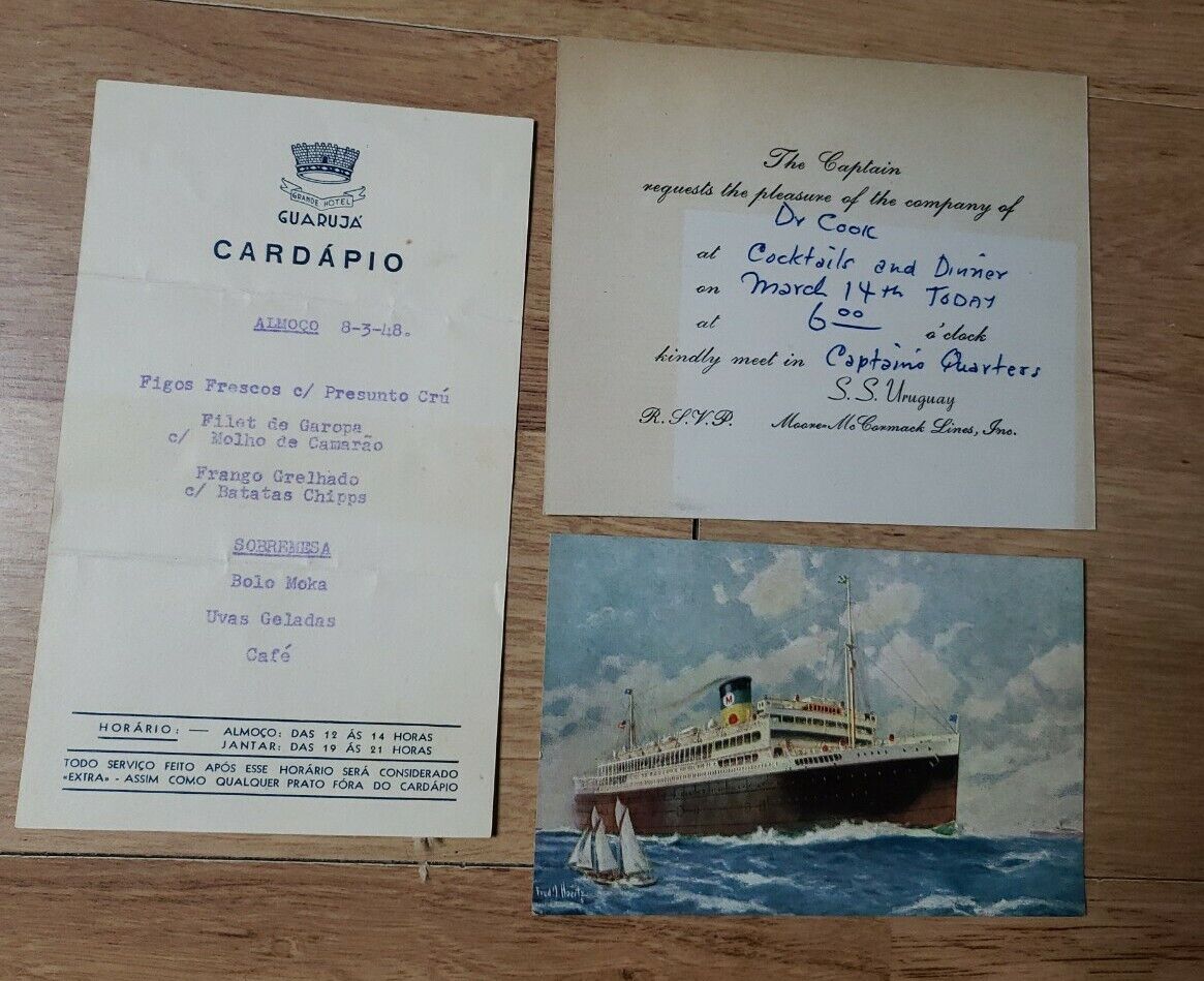 1940\'s Postcard Ocean Liner S.S. Uruguay Moore-McCormack Lines + Invite + menu