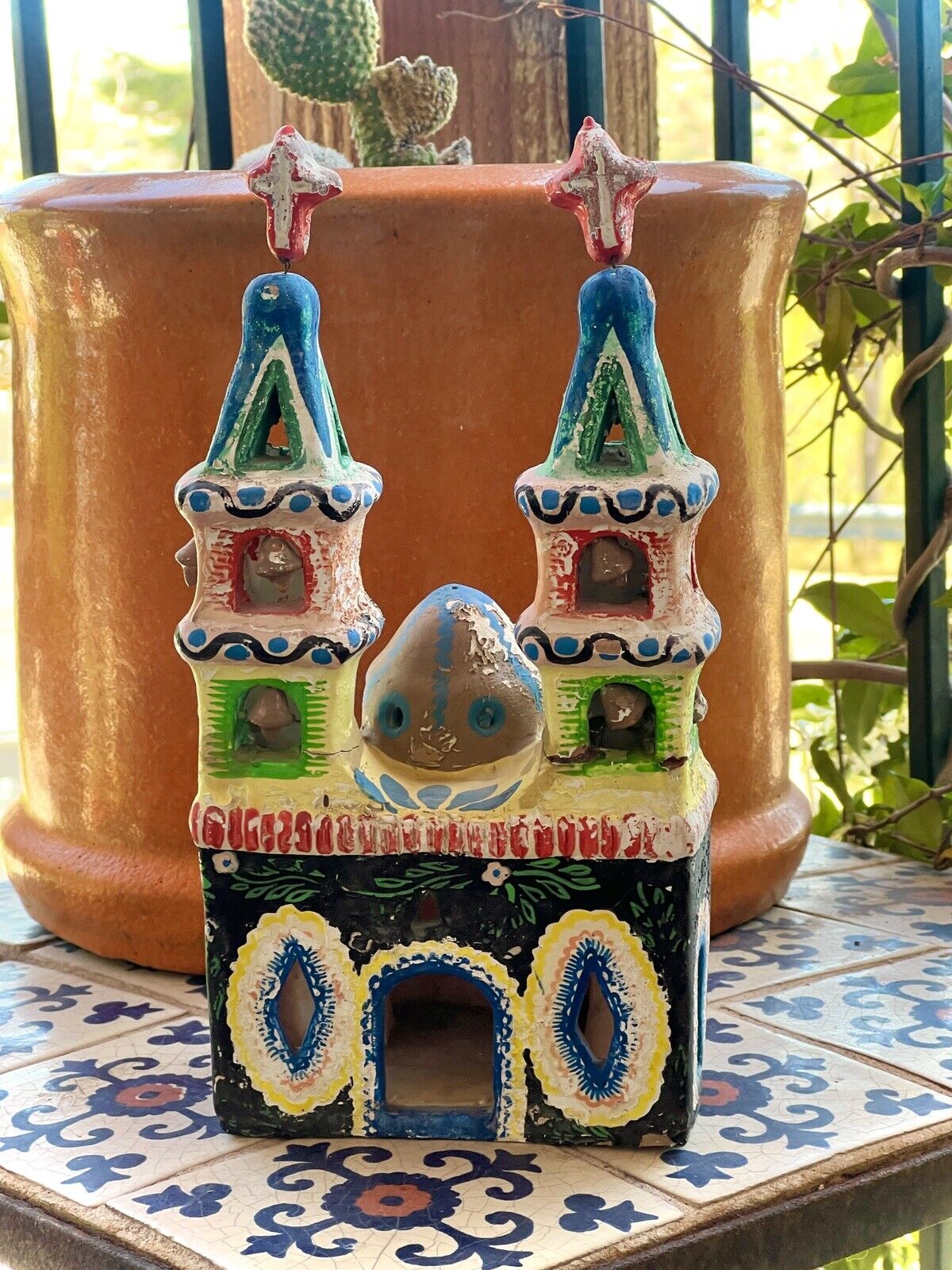 Vintage Mexican Folk Art Terra Cotta Pottery Church Lots Of Character.