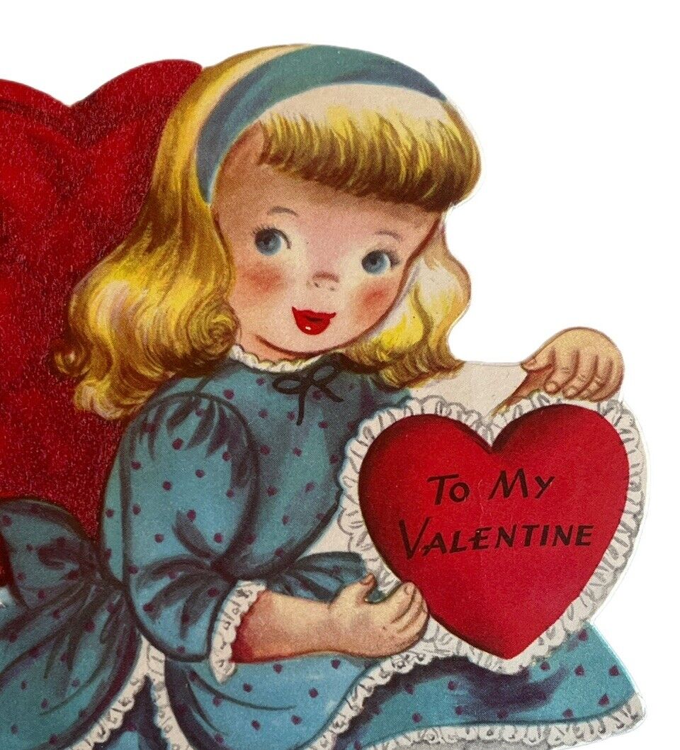 Vintage MCM 1940s Ephemera  Valentine Card Die Cut Girl On Fuzzy Heart Chair SEE