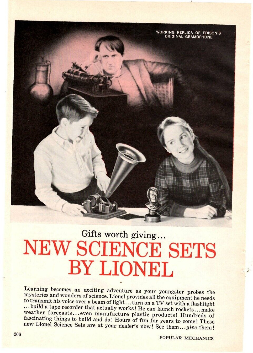 1962 Print Ad  Lionel New Science Sets Working Replica Edison's Gramaphone Toy