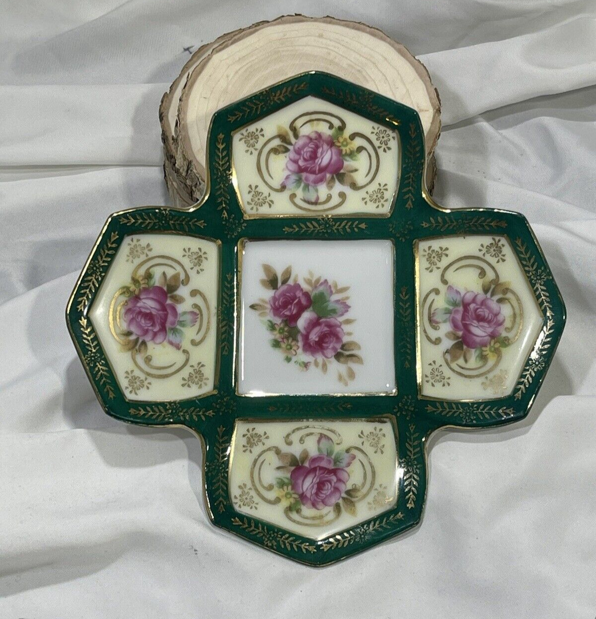 Vintage Royal Sealy China Green Cross Type Plate Saucer Trim w/ Pink Roses &Gold