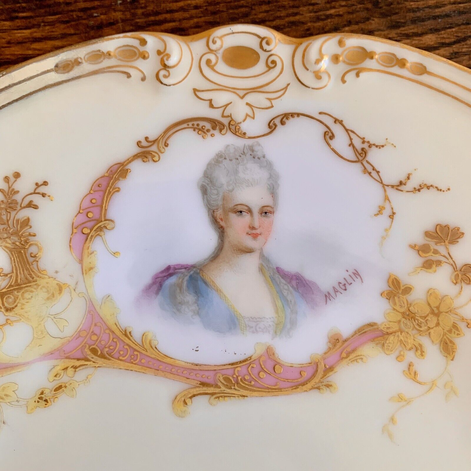 Antique Sevres Style Porcelain Portrait Plate Duchesse de Falari Signed Maglin