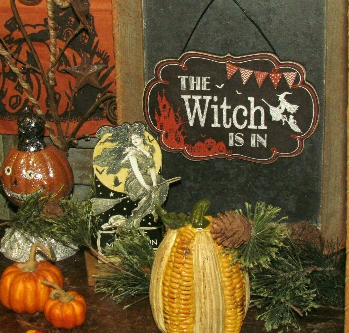 Prim Antique Vtg Style Spooky Flying Witch on Broom Stick Halloween Scary Sign
