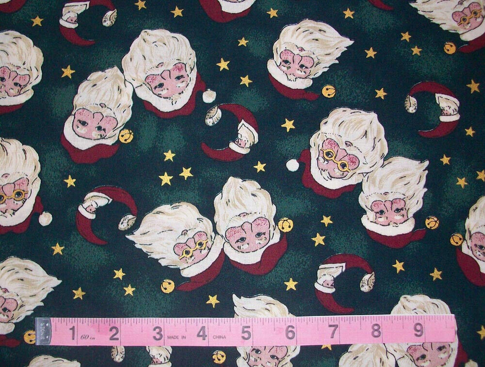 Vintage Green Fabric With Santa Faces and Stars Heavy 4  1/3 yards x 44\