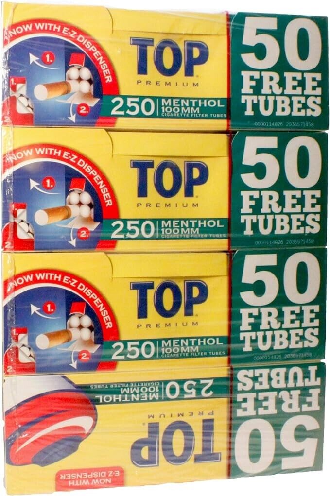 Top Menthol 100mm Tubes,(250 Tubes Each)  total (8 pack)
