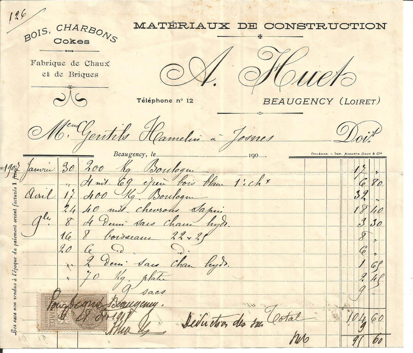 BEAUGENCY (45) 2 Invoices 1908.A.Huet. Building materials.