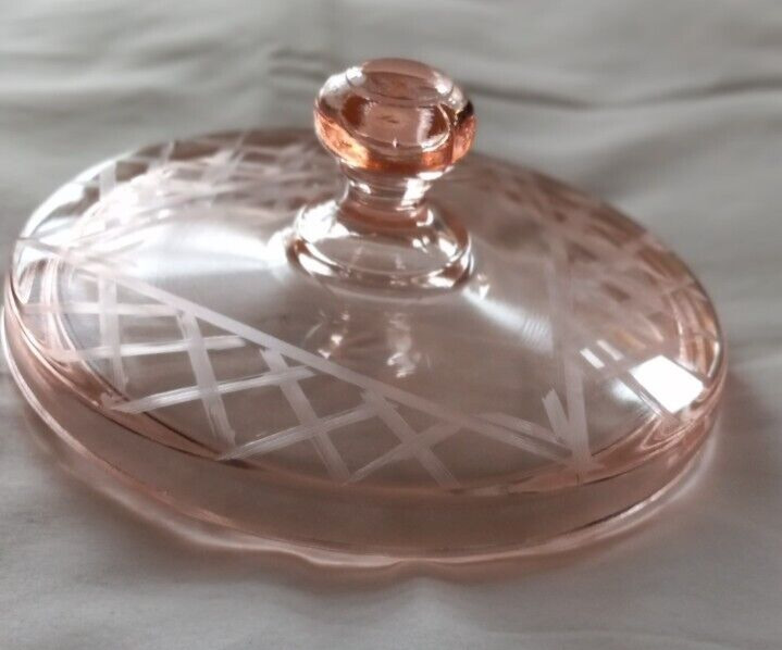 Etched Glass Lid, Pink Depression Glass, Triangle & Lattice Weave Pattern, 1940s