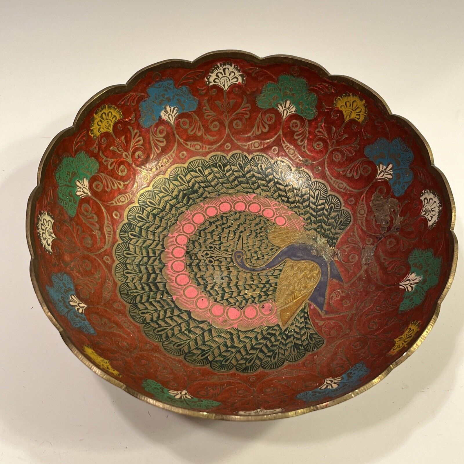 Vintage Solid Ornate Brass Round Bowl With Hand Enamel Painted Peacock Motif