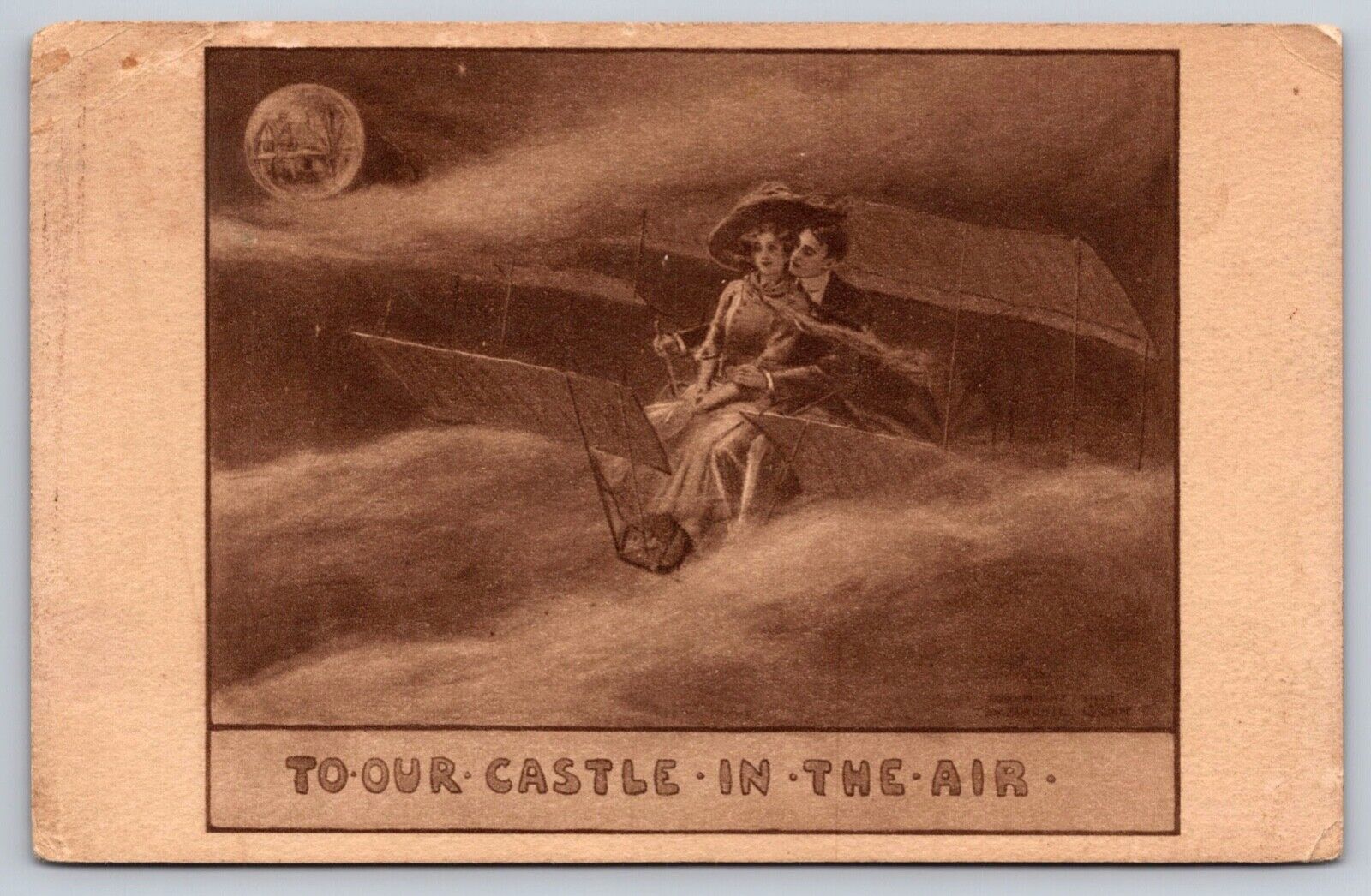 To our Castle in the Air Romance, Early Airplane 1907 Postcard PC 402