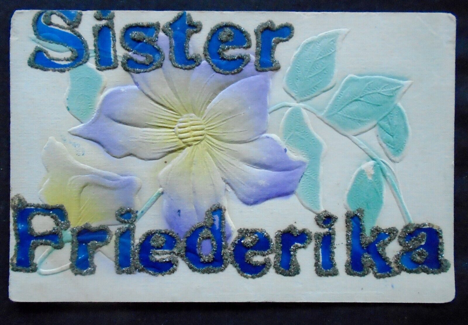 Novelty, air brushed embossed, Sister Friederika, glitter on name