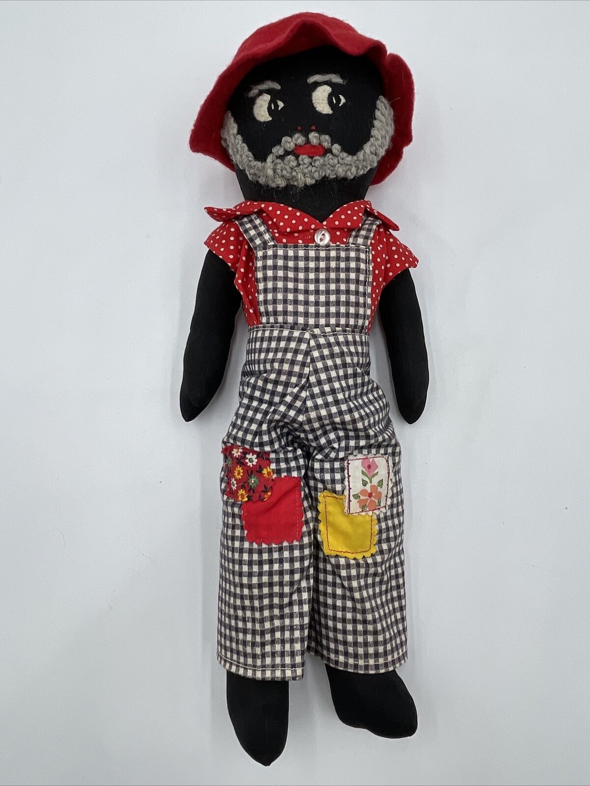 Vintage Artisan Made Black Rag Doll Grey Beard Red Hat Overalls Folk Art Patches