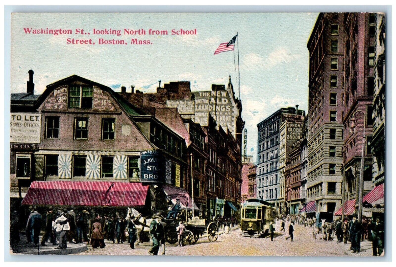 Washington Street Looking North From School Street Trolley Boston MA Postcard