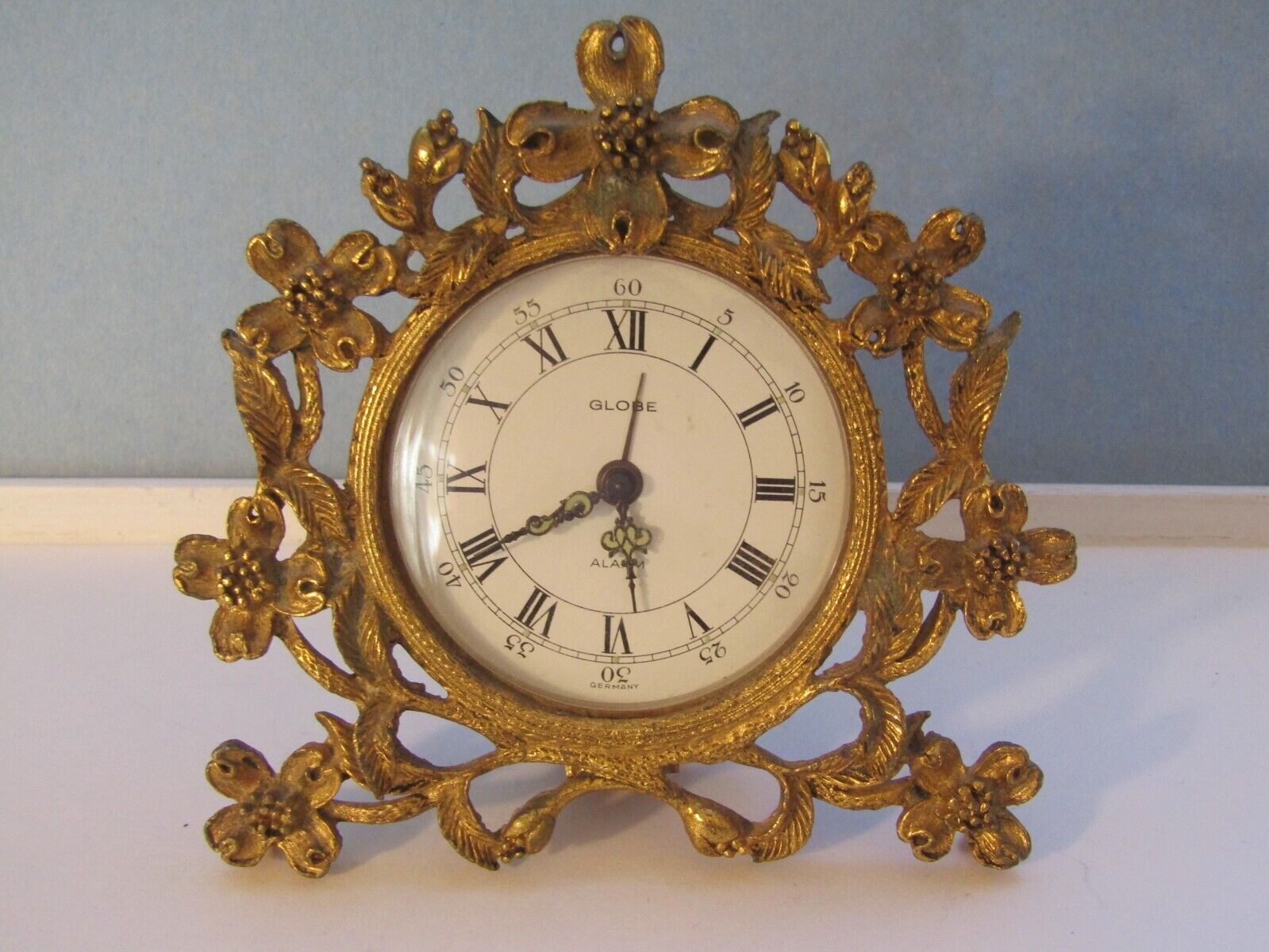 Vintage Linden Globe Germany Ornate Gold plated Wind up  Alarm Clock Runs Slow