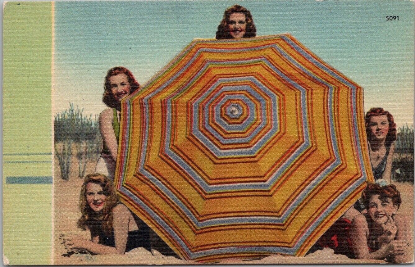 c1940s Pretty Lady / Bathing Beauty LINEN Postcard 5 Girls / Beach Umbrella