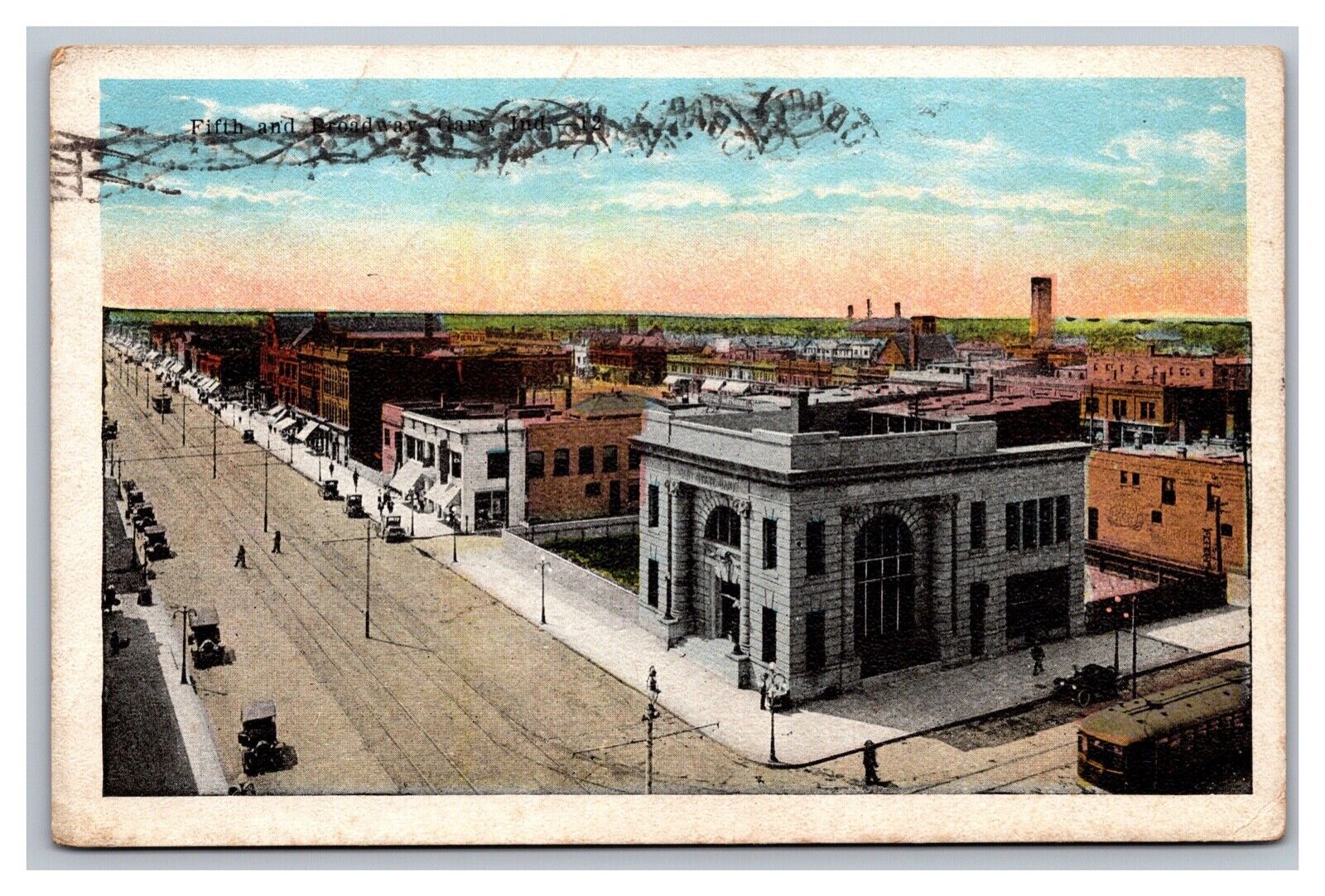 Gary, IN Indiana,  5th & Broadway Street View, White Border Postcard Posted 1920