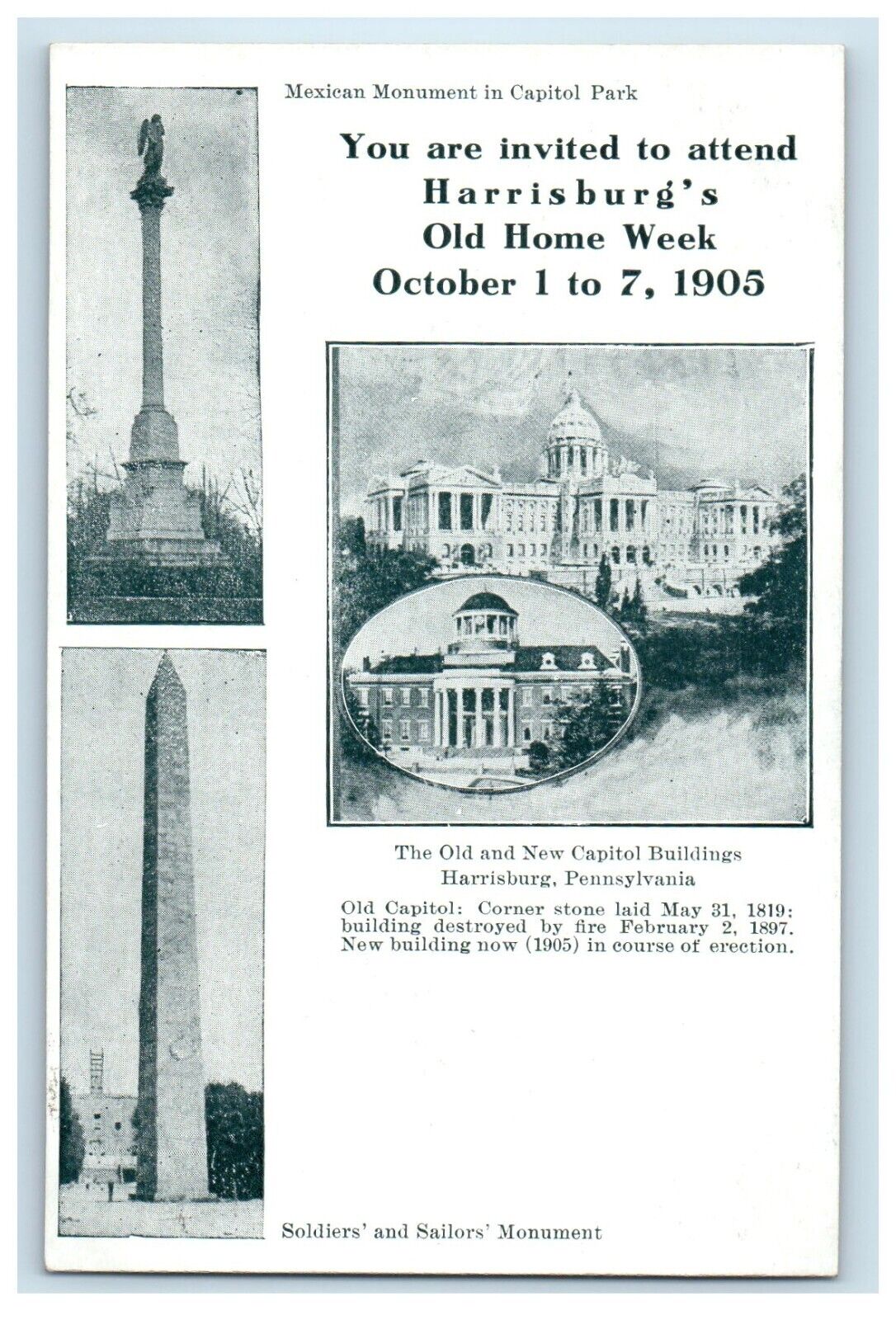 c1905 The Old & New Capitol Mexican Monument Harrisburg PA Advertising Postcard
