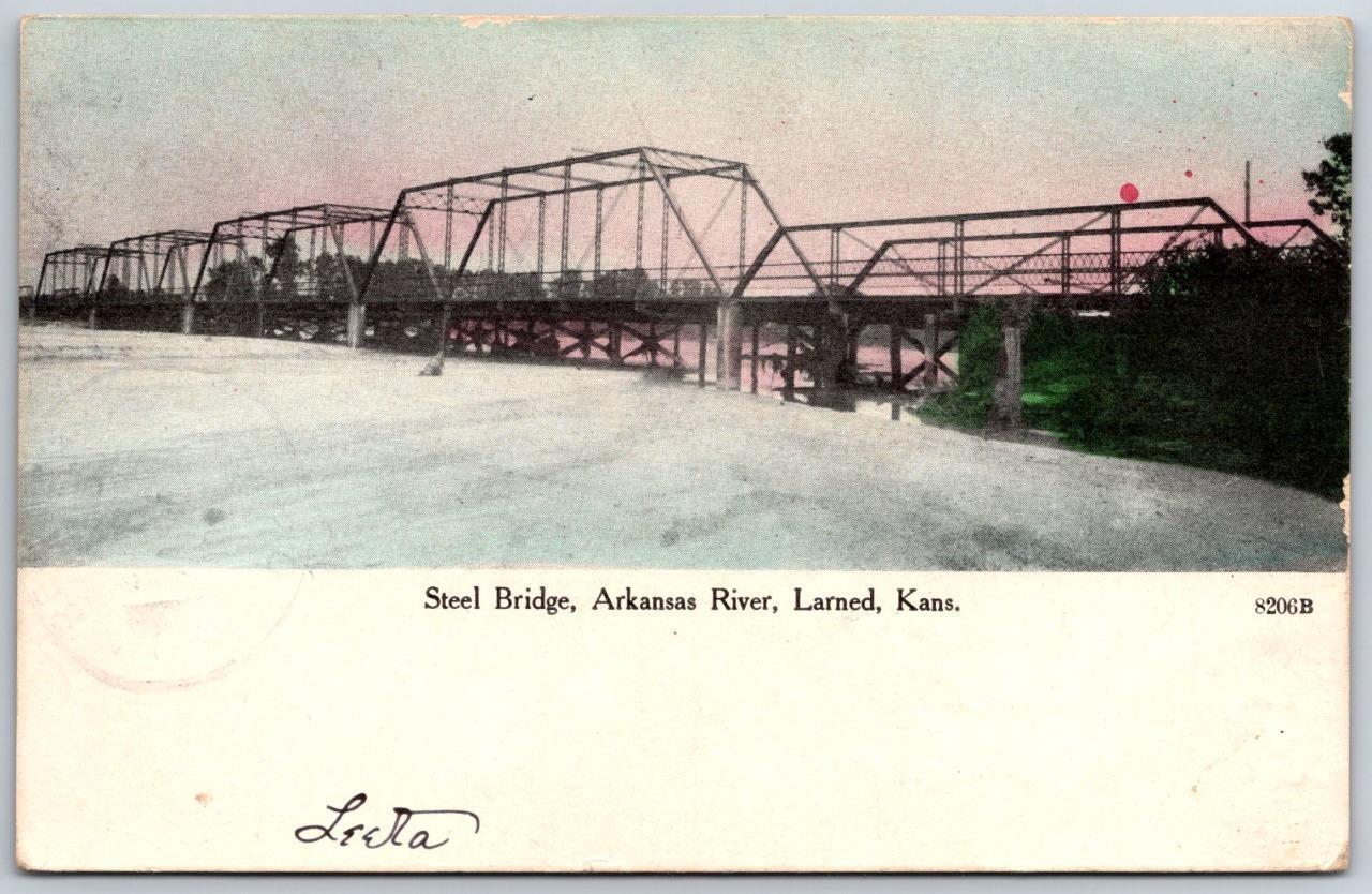 KS - LARNED KANSAS 1908 Postcard STEEL BRIDGE ARKANSAS RIVER