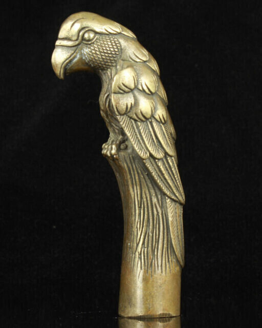 Old Handwork Carving Bronze Lifelike Parrot Statue Cane Head Walking Stick 