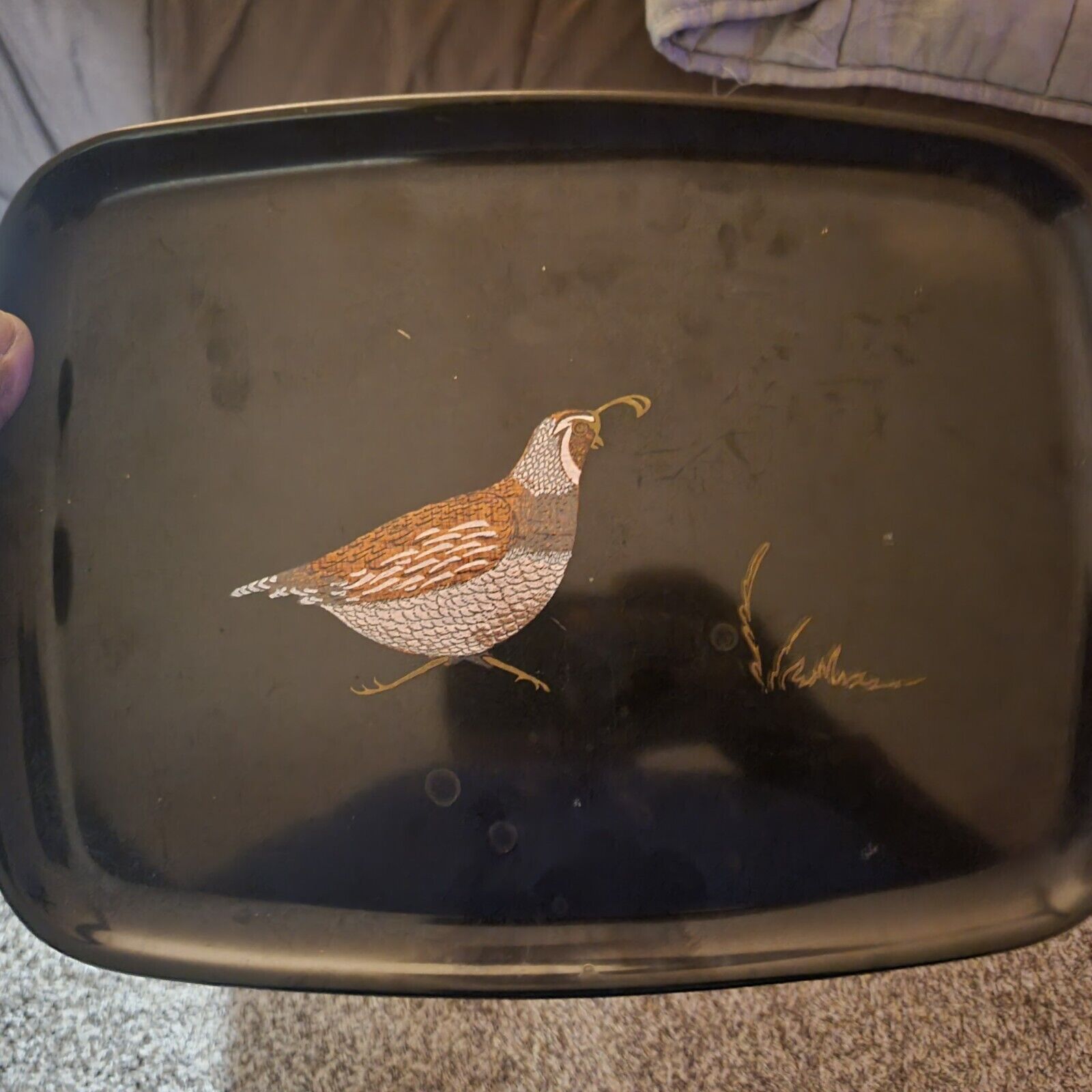 Vintage Couroc of Monterey Quail Pheasant  Inlaid In A Satin Black Serving Tray