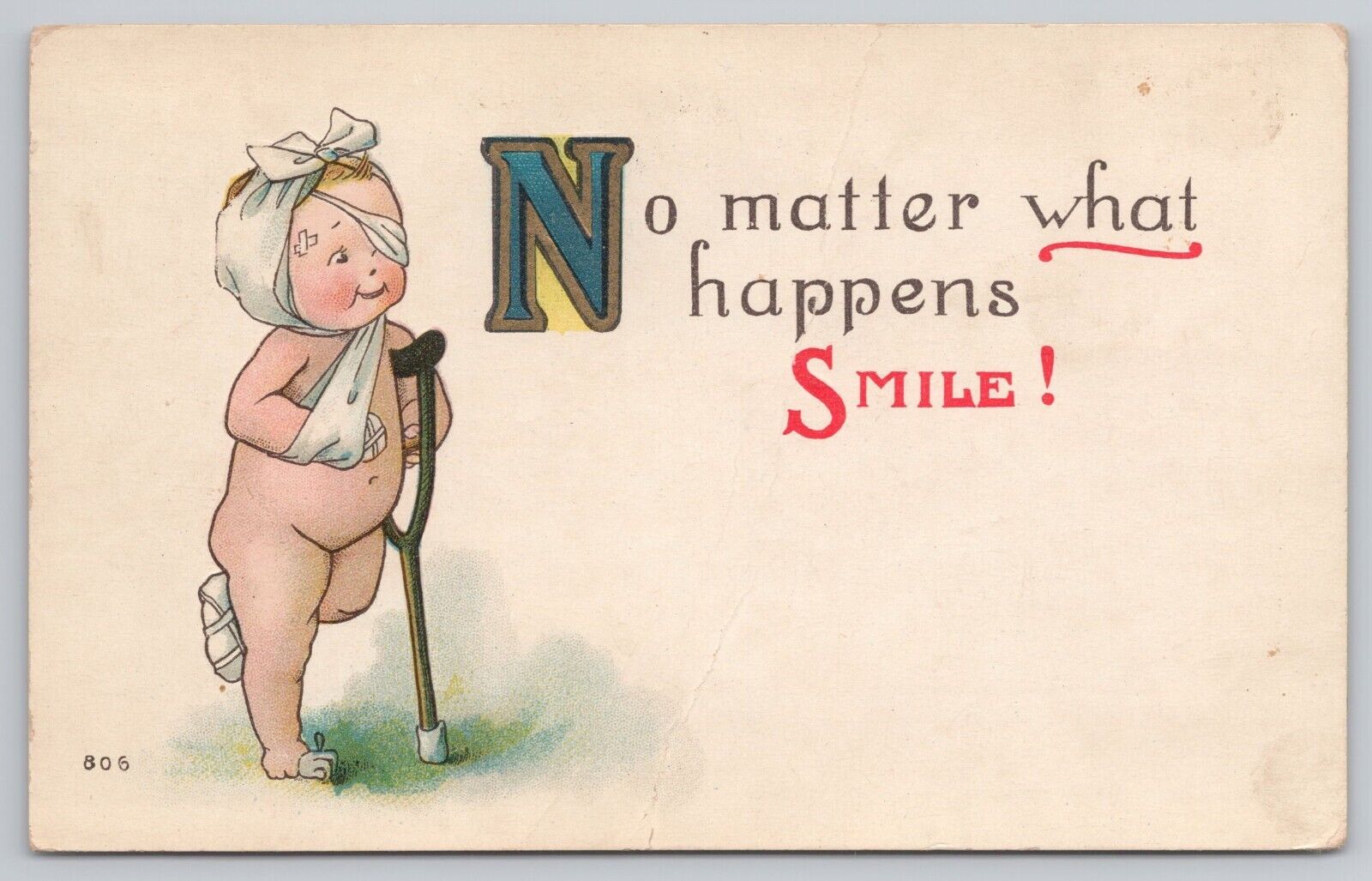 Postcard No Matter What Happens Smile Beat Up Baby Vintage PM 1912 Minot ND