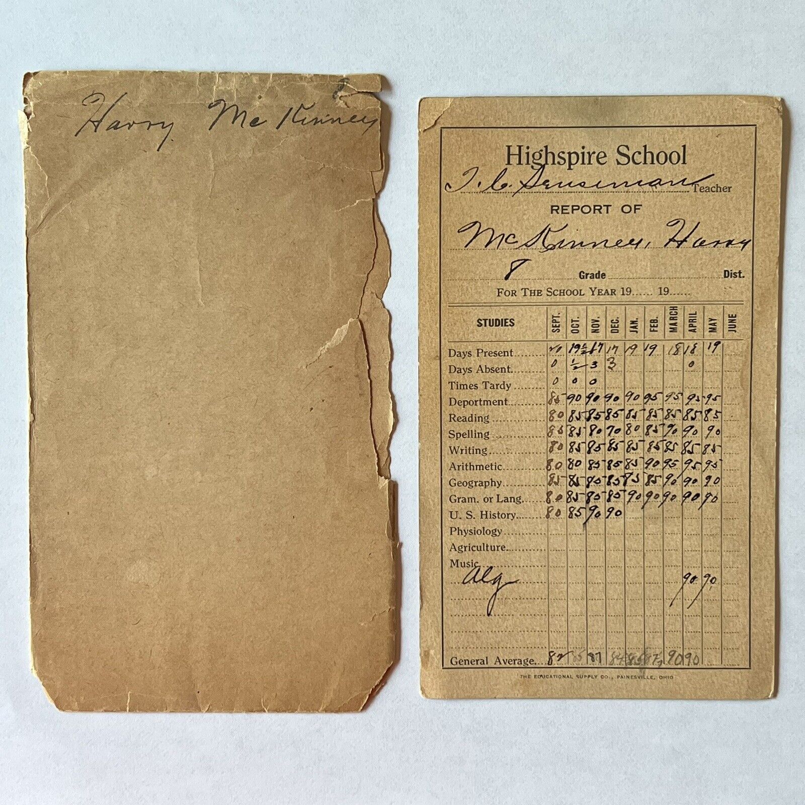 EARLY REPORT CARD EPHEMERA WITH SLEEVE HIGHSPIRE SCHOOL PENNSYLVANIA