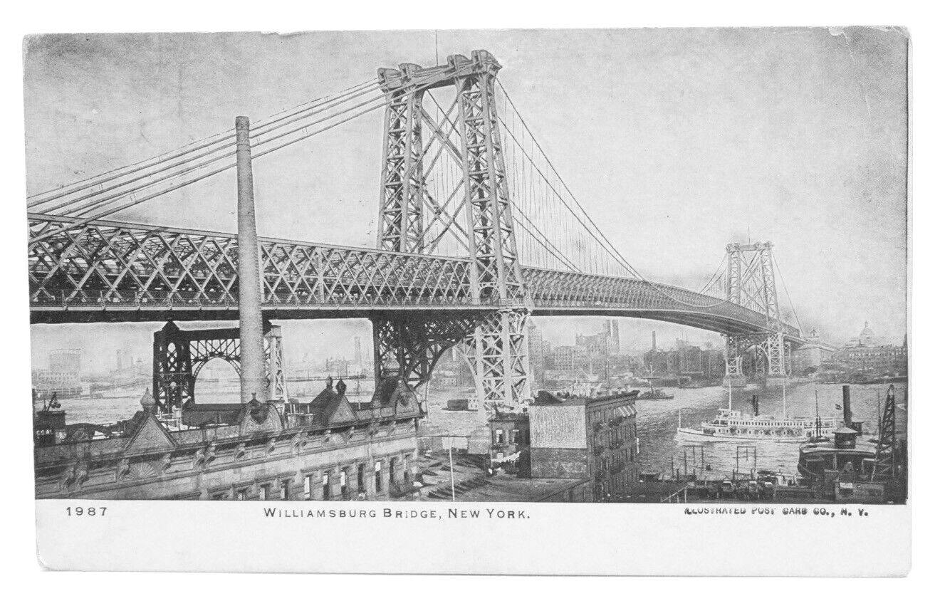 Postcard New York Williamsburg Bridge Ship Boat Dock River Scenic View NY 1908