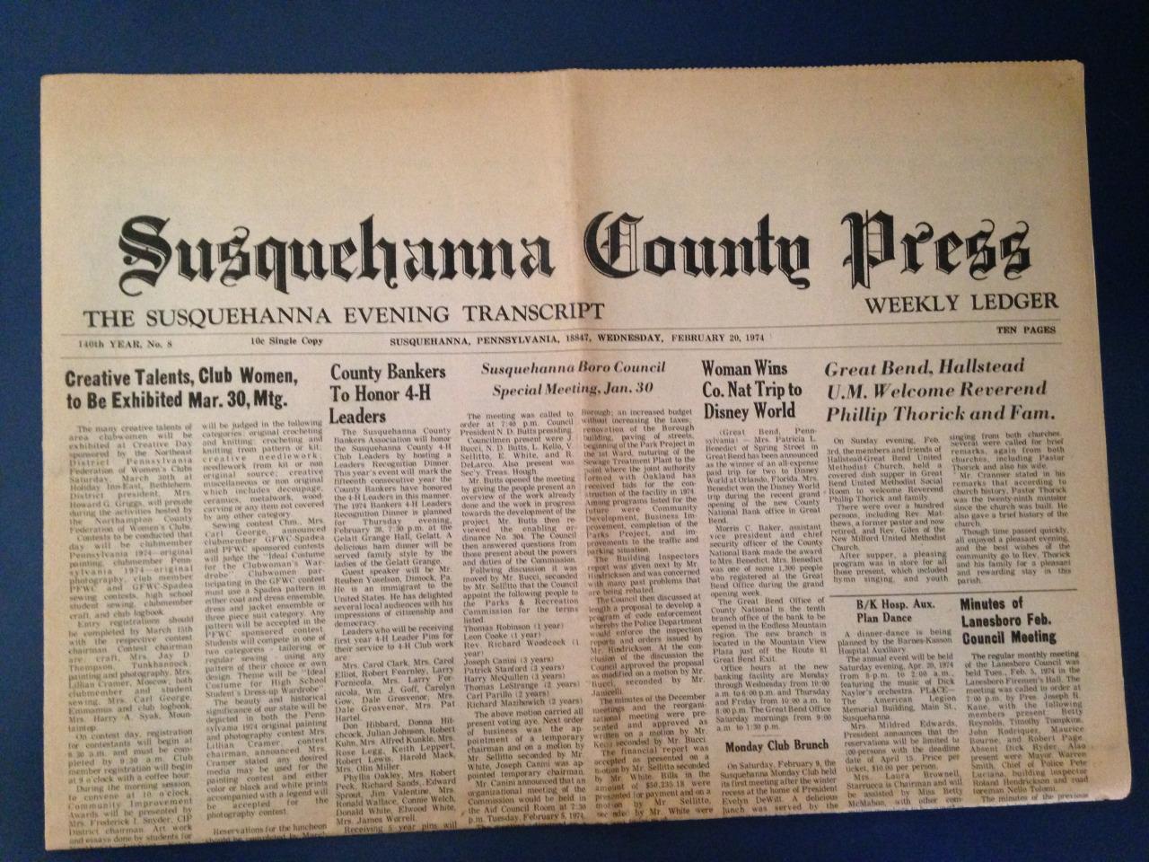 vintage newspaper Susquehanna County Press 1974 Evening Transcript Pa. 10 pages