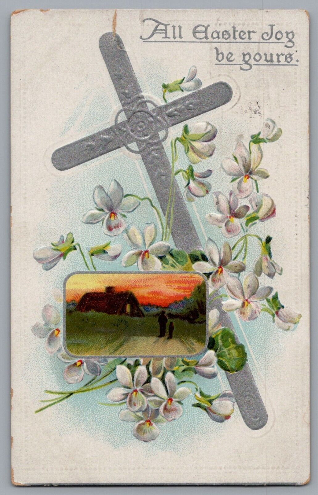 Antique Tuck\'s Easter Postcard All Easter Joy Be Yours Silver Cross 1910 A406